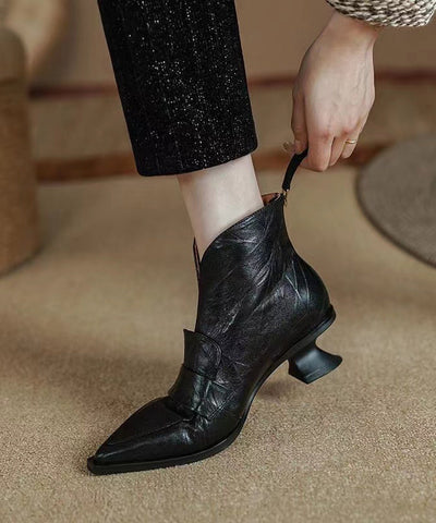 Black Boots Kitten Sheepskin French Splicing Pointed Toe Black Boots Kitten Sheepskin French Splicing Pointed Toe