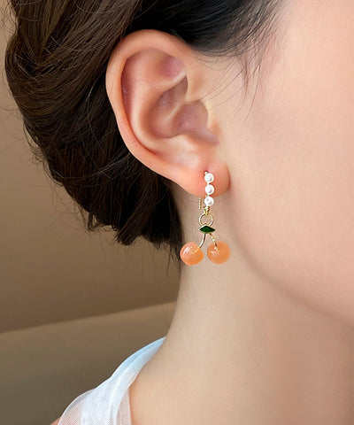 Novelty Orange Copper Alloy Cherry Pearl Hoop Earrings Novelty Orange Copper Alloy Cherry Pearl Hoop Earrings
