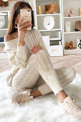 Conjunto de suéter de punto trenzado y pantalón ajustado de confort elevado