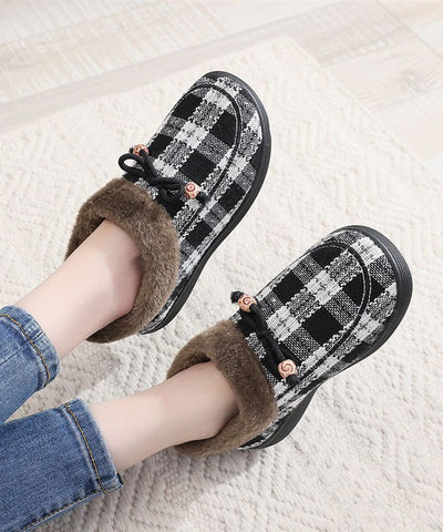 New Black Plaid Women Splicing Flats Fuzzy Wool Lined New Black Plaid Women Splicing Flats Fuzzy Wool Lined