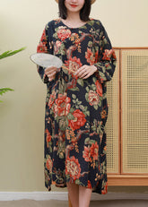 Vestido elegante con estampado floral rojo, cuello redondo, hebilla de placa inclinada, manga larga