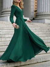 V-Neck Maxi Dress Strong Shoulder Belted A-Line Prom Dresses