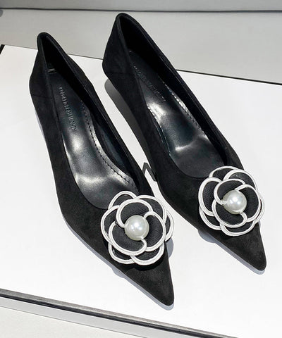 Classy Splicing Kitten Shoes Black Suede Floral Classy Splicing Kitten Shoes Black Suede Floral