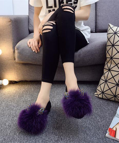 Lila Flache Schuhe Für Frauen Spleißen Fuzzy Pelz Zirkon  Lila Flache Schuhe Für Frauen Spleißen Fuzzy Pelz Zirkon