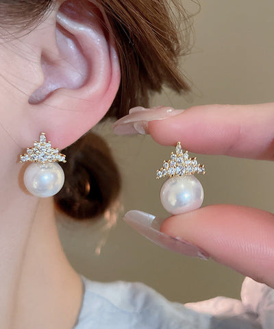 Modern Gold Copper Alloy Zircon Crown Pearl Stud Earrings Modern Gold Copper Alloy Zircon Crown Pearl Stud Earrings