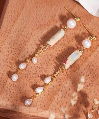 Pendientes de borla de perla dorada de plata esterlina blanca regular  Pendientes de borla de perla dorada de plata esterlina blanca regular