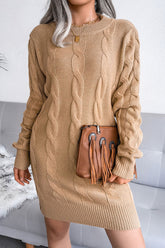 Klassisches Langarm-Winter-Zopfmuster-Pullover-Minikleid - Khaki
