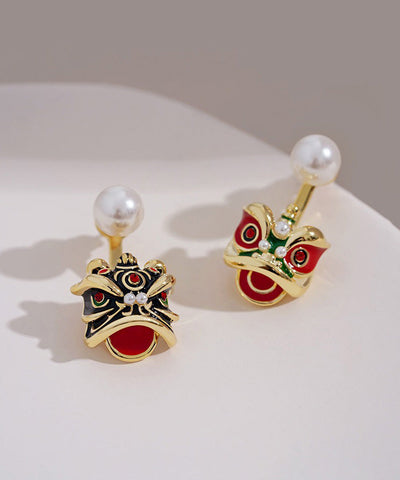 Original Design Gold Sterling Silver Overgild Pearl Lion Head Stud Earrings Original Design Gold Sterling Silver Overgild Pearl Lion Head Stud Earrings