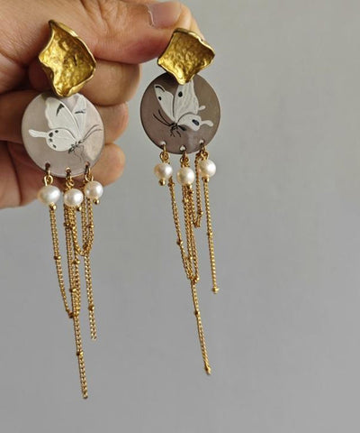 Original Design Gold Sterling Silver Overgild Pearl Butterfly Tassel Drop Earrings Original Design Gold Sterling Silver Overgild Pearl Butterfly Tassel Drop Earrings