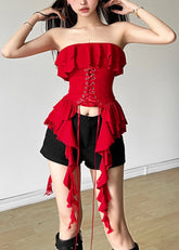 Blusa de algodón con cuello oblicuo rojo único, sin mangas y con cordones