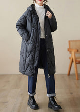 Schwarze Taschen Patchwork Feine Baumwolle Gefüllt Kapuzenmantel Zip Up Winter