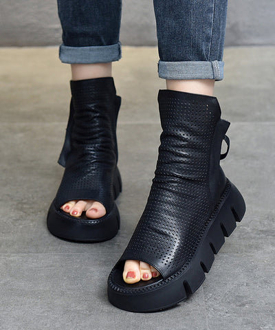 Schwarze Stiefel Plateau Rindsleder Peep Toe 2025 Neu  Schwarze Stiefel Plateau Rindsleder Peep Toe 2025 Neu