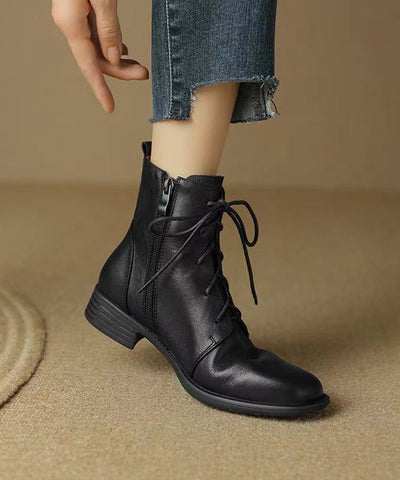 Black Cross Strap Splicing Cowhide Leather Chunky Boots Black Cross Strap Splicing Cowhide Leather Chunky Boots