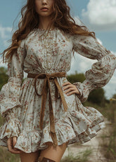 Frauen Floral Pastoral Stil Rüschen Mini Kleider Langarm