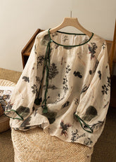 Loses Apricot-O-Ausschnitt-Baumwolltop mit Quastendruck und Armbandärmeln