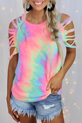 Lässige Tie-Dye-T-Shirts mit ausgehöhltem Patchwork-O-Ausschnitt
