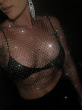 TARUXY Rinestone Crystal Sparkly Tops Cover-Up For Women Sexy Hollow Out Diamonds Long-Sleeve Pullover Crop Tops Club Outfits