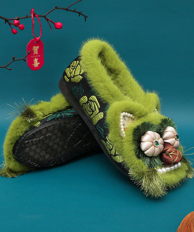 Zapatos planos retro con bordado y forro de lana afelpada verde  Zapatos planos retro con bordado y forro de lana afelpada verde