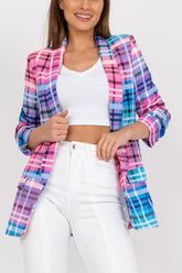 Lässiger Blazer für Damen, Farbe kariert, langärmelig, vorne offen, für die Arbeit im Büro, Anzugjacke mit Tasche