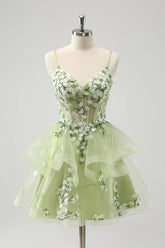 A Line Light Green Corset Short Homecoming Dress with 3D Flowers