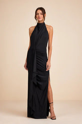 Chic Black Halter Maxi Dress with Twist-Front Detail and Open Back, Formal Evening Dresses