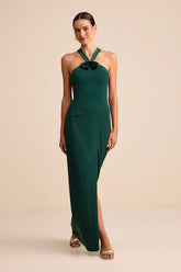 Chic Emerald Green Halter Maxi Dress with Bow Detail and High Side Slit: Prom Dress