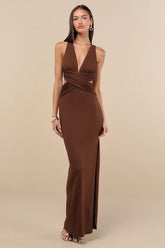 Chocolate Brown Halter Maxi Dress with Cutout Waist and Cross-Back Design, Formal Evening Gowns