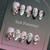 Lila französische Kunstnägel, kurze Mandeln, zum Aufdrücken der Nägel, 3D-Diamanten, handgefertigte Kunstnägel