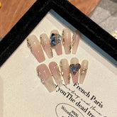 Neuankömmlinge, abnehmbar, extra lang, handgefertigt, mit Farbverlauf, hautfarbener Strassstein, Luxus-Press-on-Nägel