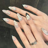 10 Stück handgefertigte Acryl-Designer-Aufdrücknägel, 3D-Blumen-Mandel-Nailart im französischen Stil, falsche Nägel