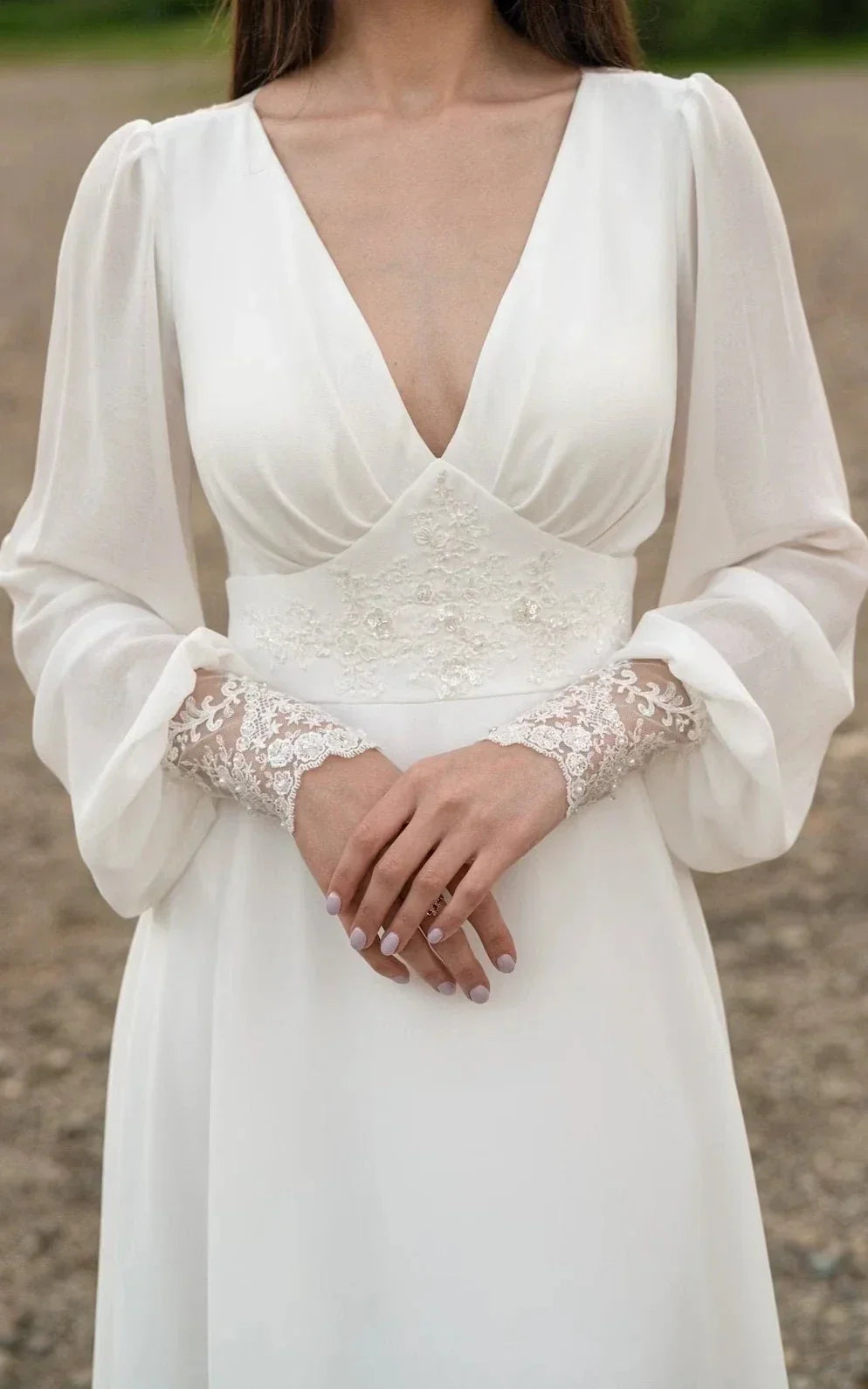 A-Line Floor Chiffon Long Sleeve Train Wedding Dress with Sequins