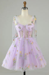 Lavender Tulle Short Prom Dress Homecoming Dress with Embroidery