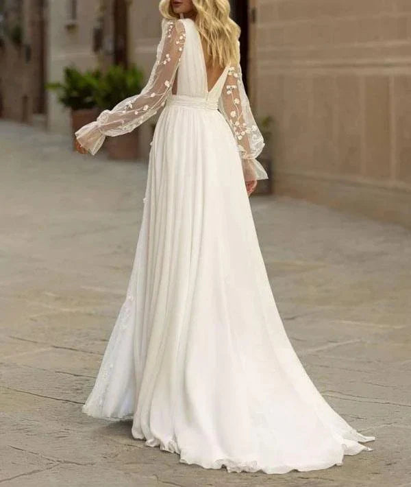 A-Line Boho Long Sleeve Flowy Wedding Dress Lace V-Neck Beach Gown with Split Front and Sweep Train