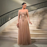 Luxury Nude Off Shoulder A-Line Beaded Evening Dress LA73038