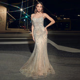 Luxury Nude Pink Crystal Tassel Mermaid Evening Dress LA72772