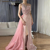 Luxury Dubai Blue One Shoulder Split Saudi Evening Gown with Beaded Side Overskirt Dress for Formal Occasion LA72732