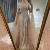 Luxury Dubai Caramel A-Line Beaded Evening Dress with Cape Sleeves LA72798