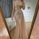 Luxury Dubai Caramel Beaded Mermaid Long Arabic Evening Dresses Gowns With Overskirt for Formal Occasion LA71673A