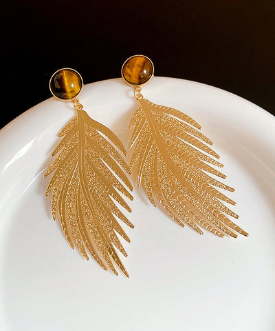Novelty Gold Copper Zircon Tiger Eye Stone Leaf Drop Earrings Novelty Gold Copper Zircon Tiger Eye Stone Leaf Drop Earrings