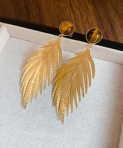 Novelty Gold Copper Zircon Tiger Eye Stone Leaf Drop Earrings Novelty Gold Copper Zircon Tiger Eye Stone Leaf Drop Earrings