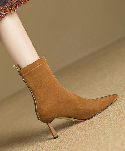 Splicing Stiletto Boots Khaki Suede Pointed Toe Splicing Stiletto Boots Khaki Suede Pointed Toe