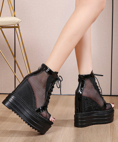 Black Boots Platform Breathable Mesh Boutique Splicing Lace Up Black Boots Platform Breathable Mesh Boutique Splicing Lace Up