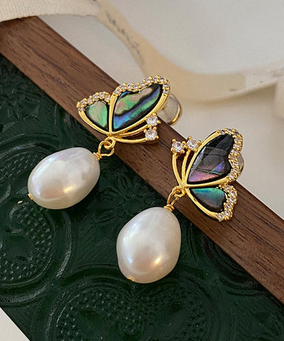 New Gold Sterling Silver Overgild Pearl Butterfly Drop Earrings New Gold Sterling Silver Overgild Pearl Butterfly Drop Earrings