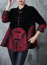 Elegante Schwarze Chinesische Taste Patchwork Samt Orientalischen Mäntel