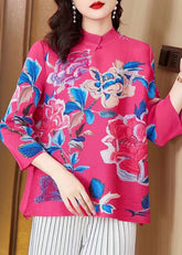 Damen Tops aus Baumwolle mit Rosen-Knopf-Print und Armbandärmeln