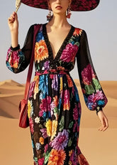 Stil Schwarz V-ausschnitt Blumendruck Baumwolle Vestidos Kleid Frühling