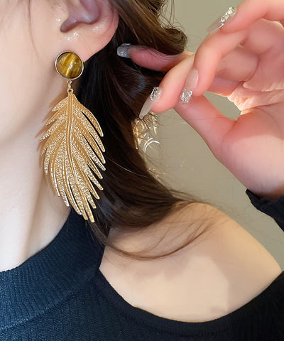 Novelty Gold Copper Zircon Tiger Eye Stone Leaf Drop Earrings Novelty Gold Copper Zircon Tiger Eye Stone Leaf Drop Earrings