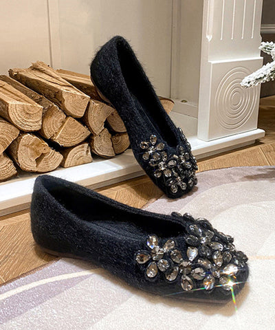 Black Flat Shoes Stylish Suede Handmade Splicing Zircon Black Flat Shoes Stylish Suede Handmade Splicing Zircon