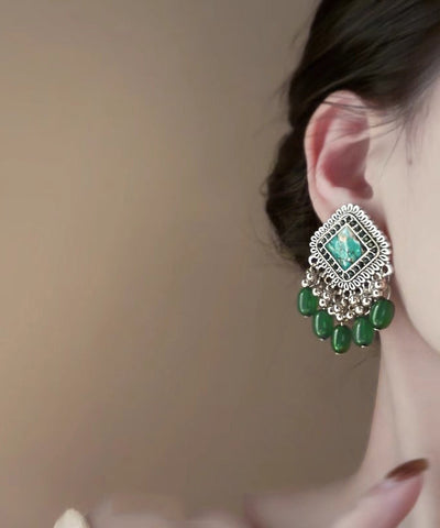 Original Design Green Alloy Glass Beads Tassel Stud Earrings Original Design Green Alloy Glass Beads Tassel Stud Earrings