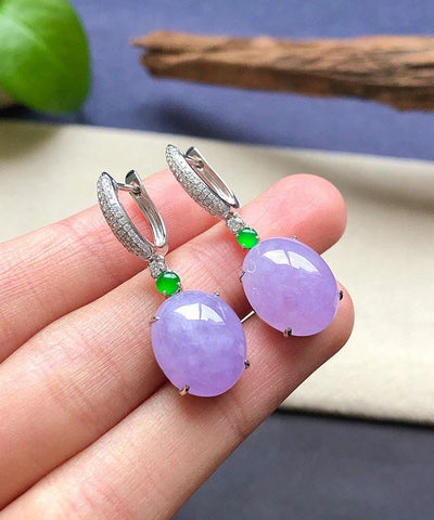 Pendientes colgantes de jade y circonita con incrustaciones de plata de ley morada Pendientes colgantes de jade y circonita con incrustaciones de plata de ley morada